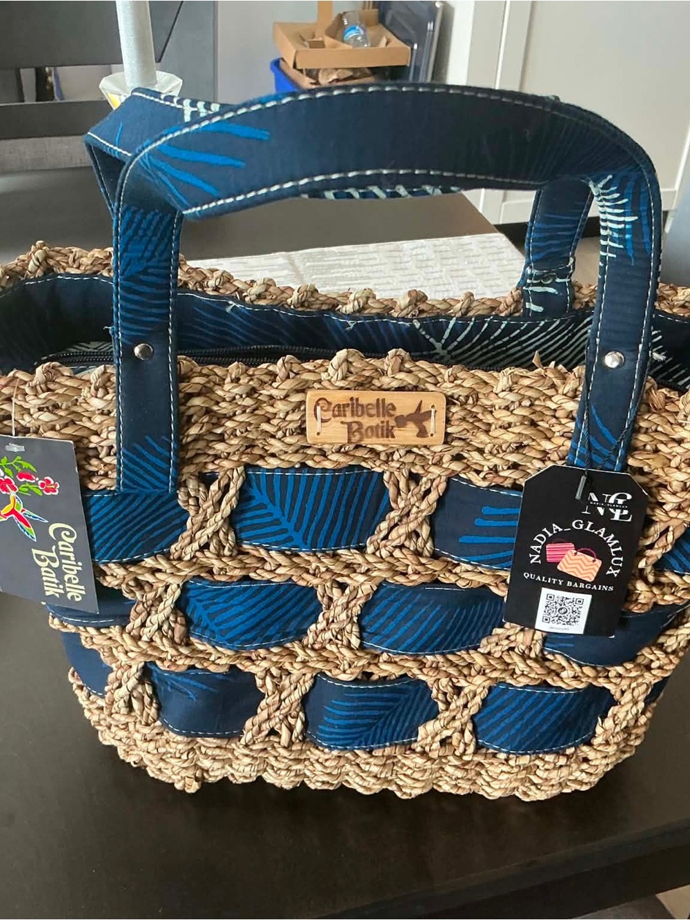 Blue Woven Straw Tote Bag